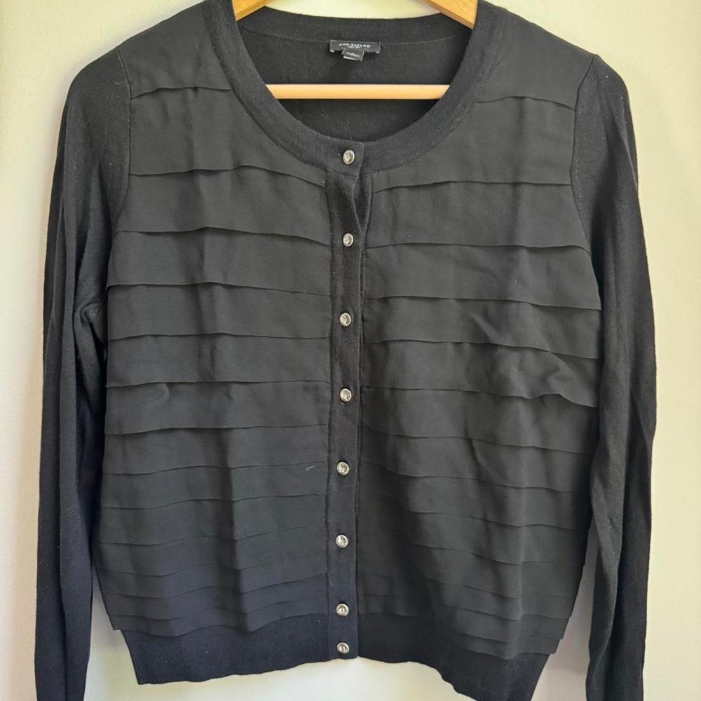 Ann Taylor black button up blouse with horizontal pleats, size L